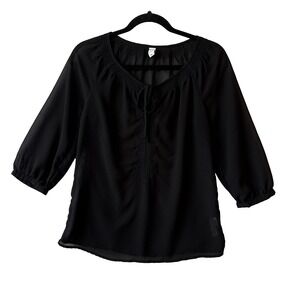 Old Navy Black Sheer Embroidered‎ 3/4 Sleeve Tie Neck Peasant Top XS Boho Chic